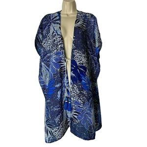 Chico’s Blue Palm Print Beaded Tassel Kimono Cover Up Wrap Beach Women Size S/M
